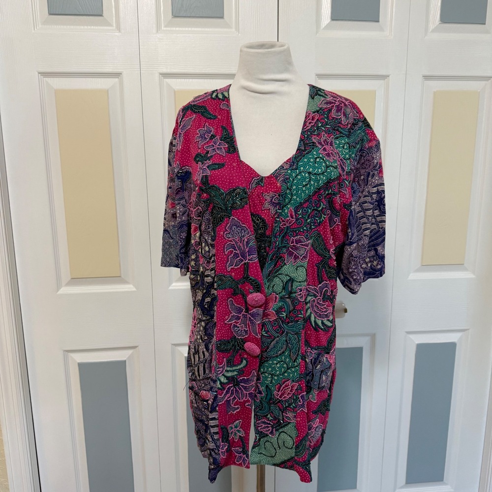 Vintage 90s Surya Batik Floral Print Kimono Style Beaded Bustier and Jacket L